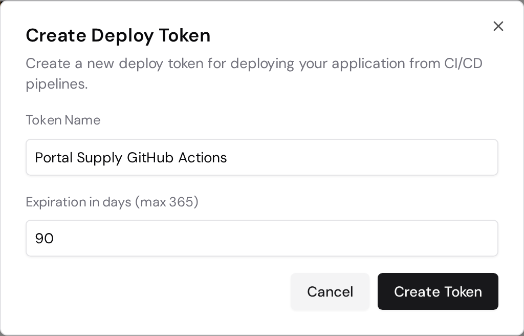 Create Deploy Token dialog with a token name, a 90-day expiration, and the Create Token button