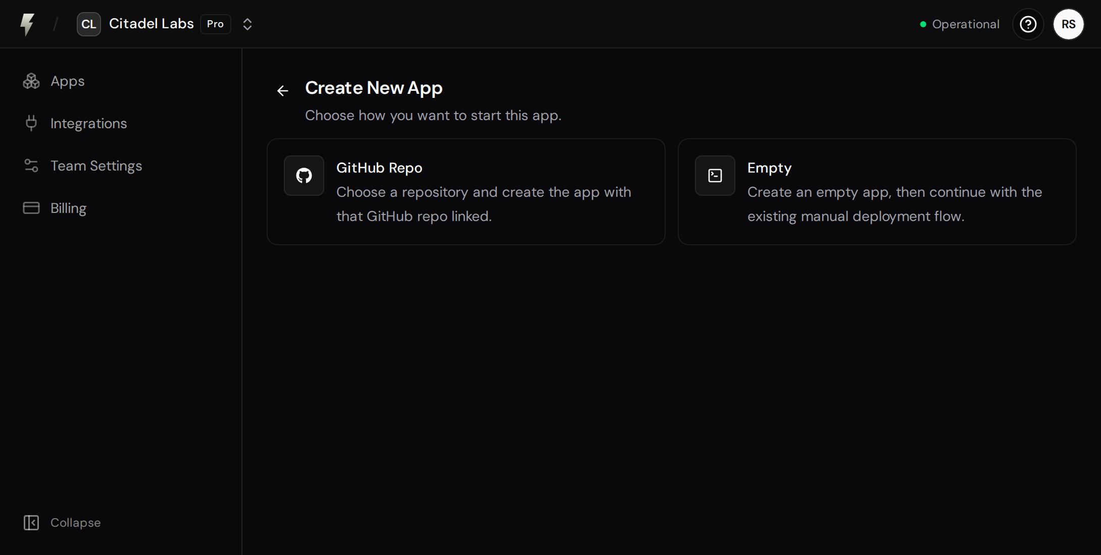 Create New App page with the GitHub Repo option.