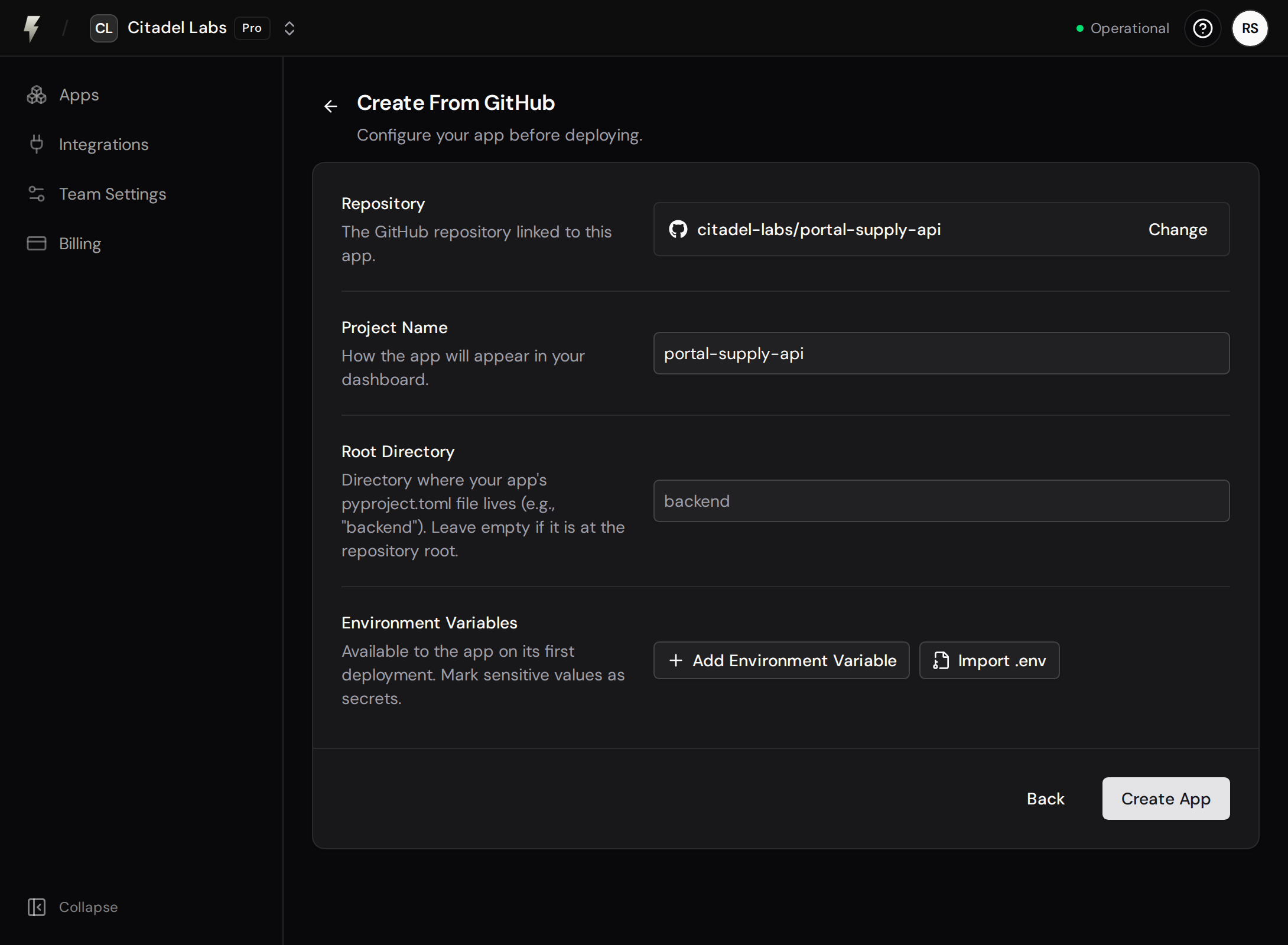 App configuration with the selected GitHub repository, project name, root directory, environment variables, and Create App button.