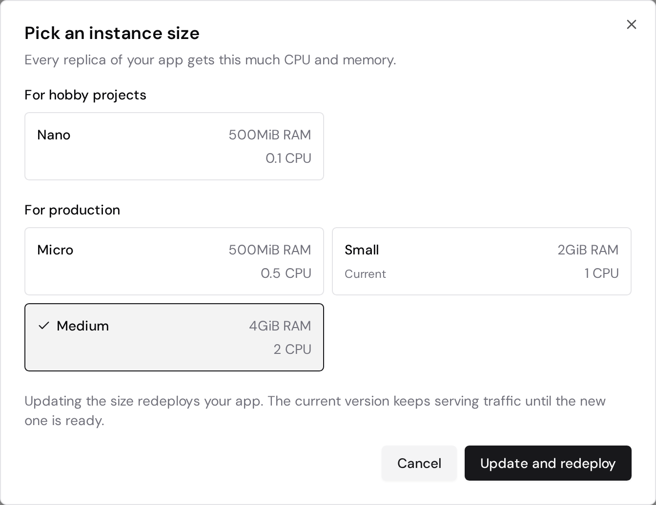 Instance size dialog with Small marked as current, Medium selected, and the Update and redeploy button