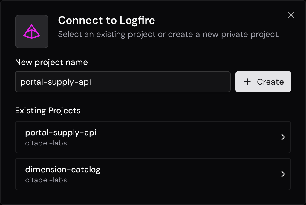 Logfire project selection with existing projects and a form to create a new private project.