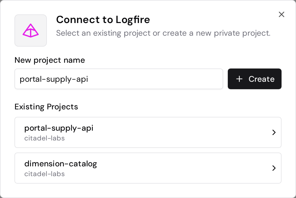 Logfire project selection with existing projects and a form to create a new private project.