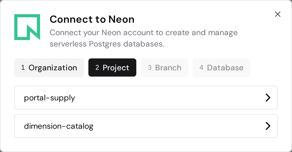 Neon project selection with two available projects.