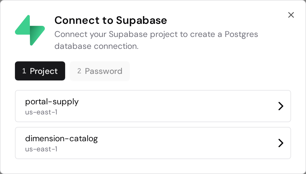 Supabase project selection with the region shown for each project.